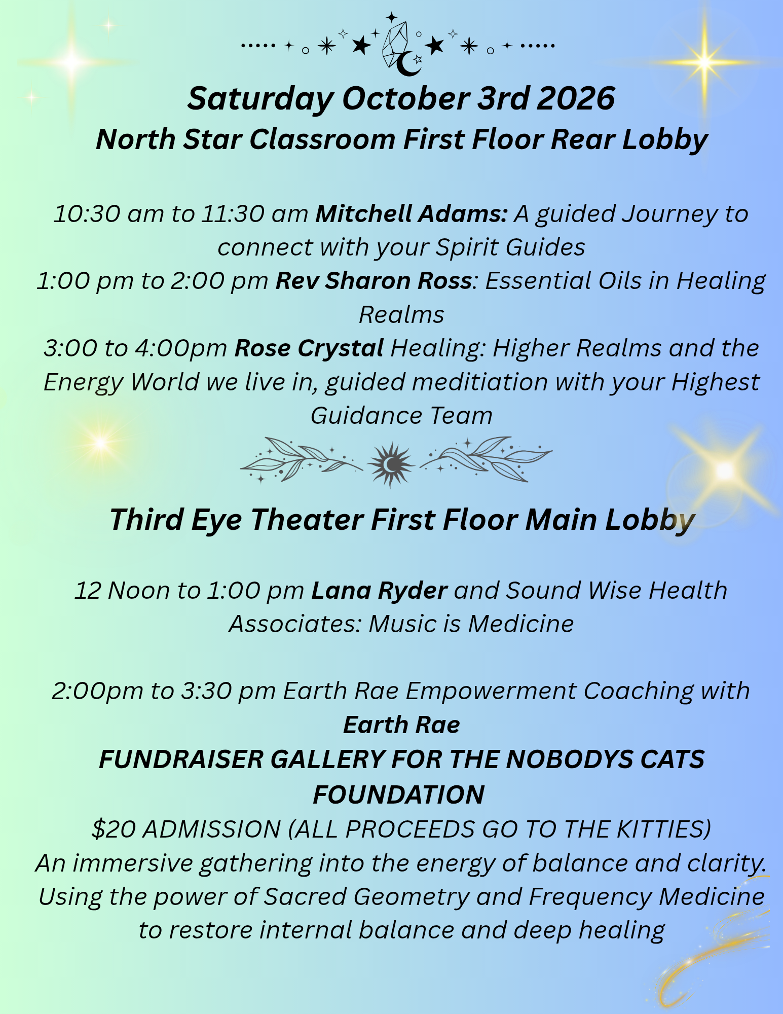 Saturday workshop and entertainment schedule