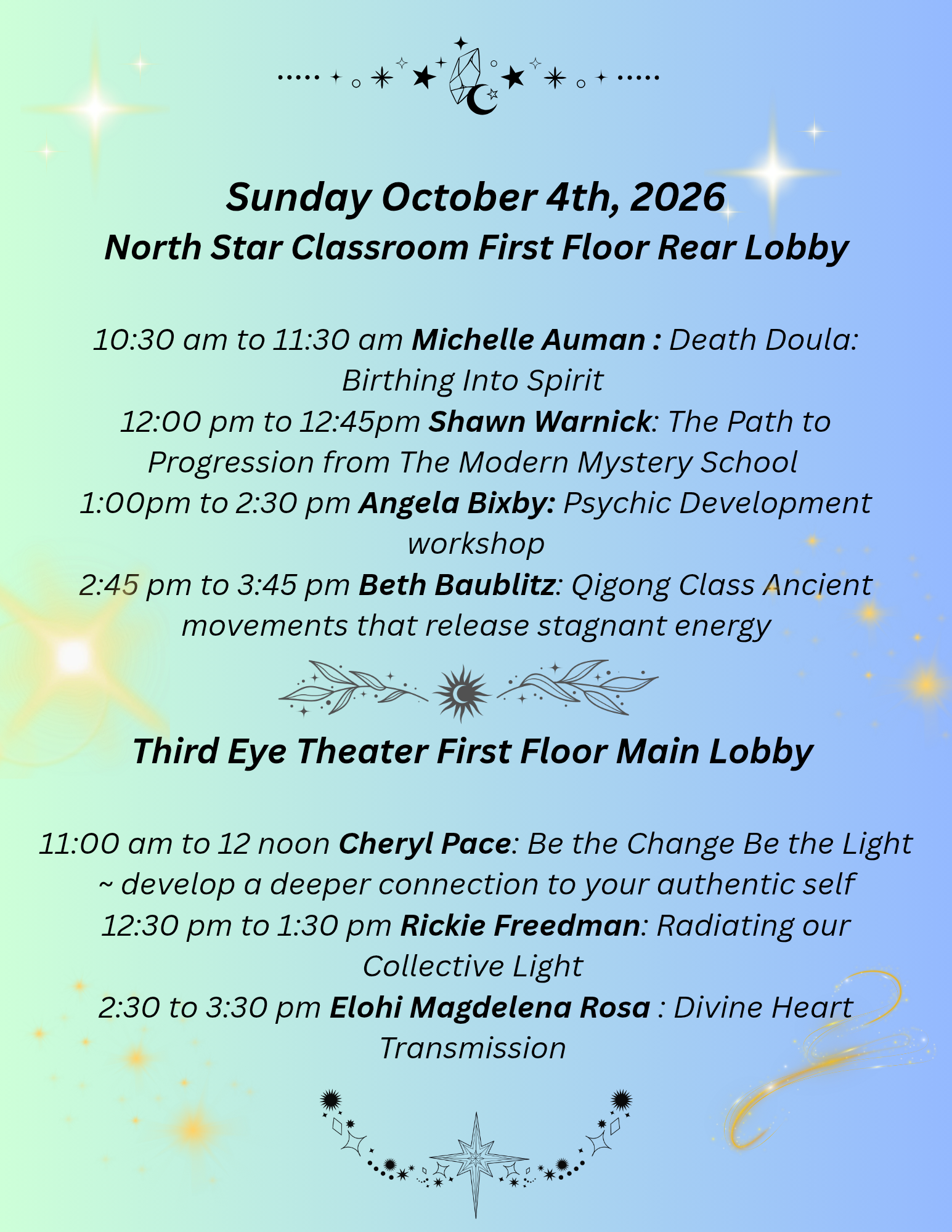 Sunday workshop and entertainment schedule